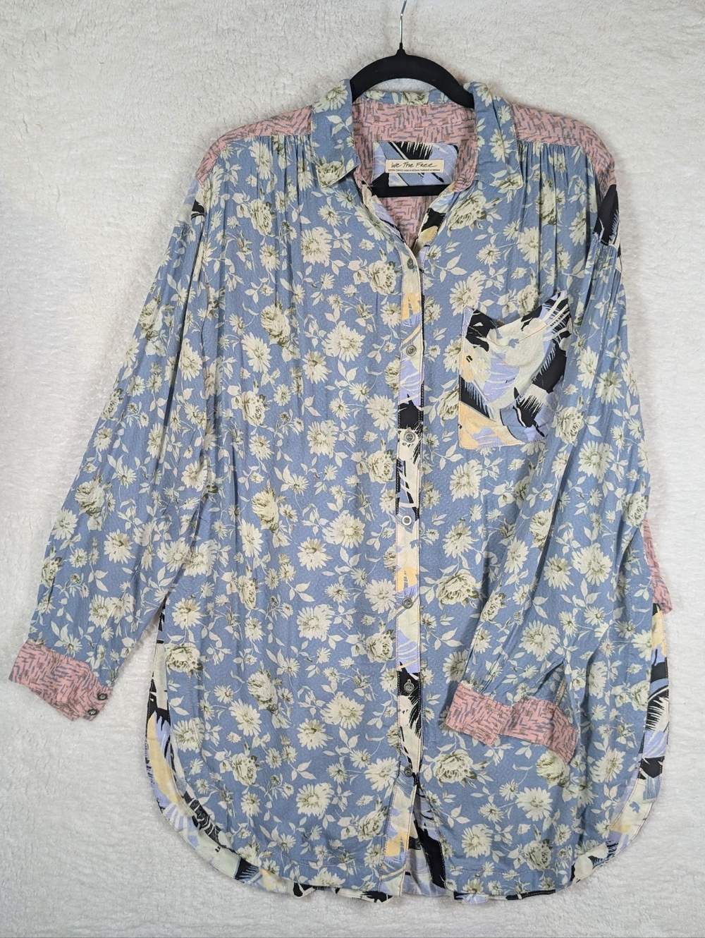 NWT We The Free Pink and Pastel Blue Floral Button-Front Shirt Oversize